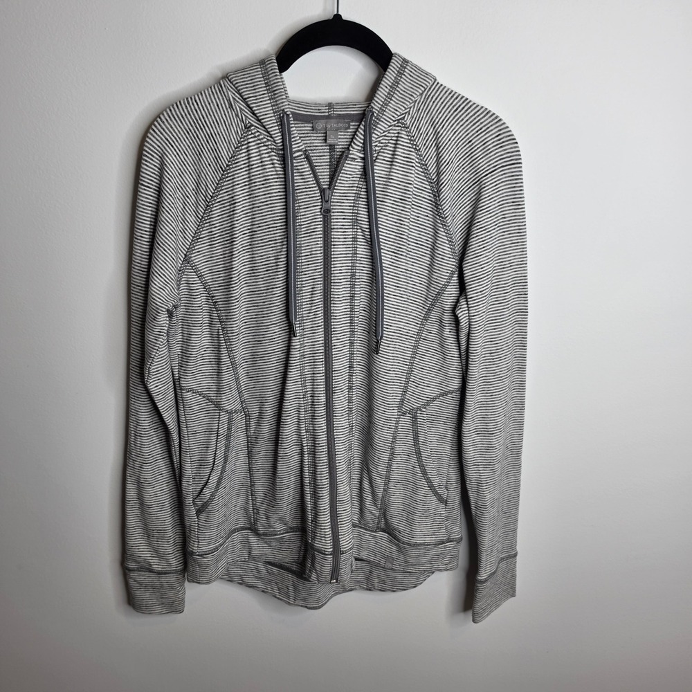 T by Talbots Hoodie Womens Small Petite Gray White Striped Full Zip